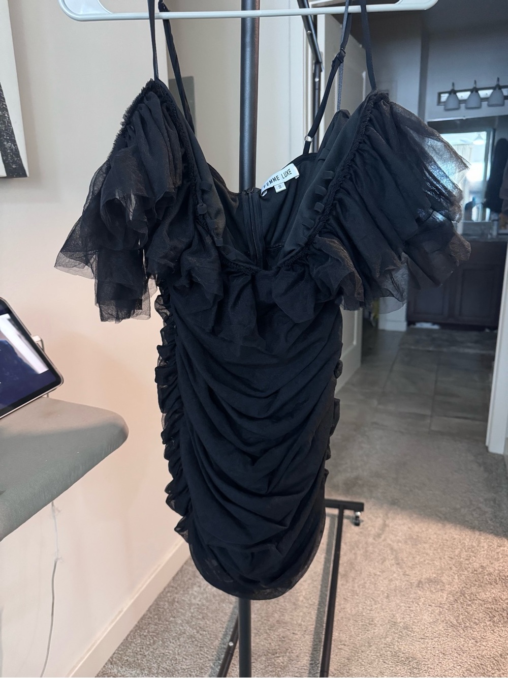 Ruffle-Trim Black Mini Dress with Tulle Sleeves